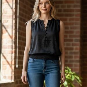 NWT LOFT  Black Sleeveless Top, elastic banded bottom shirt, small